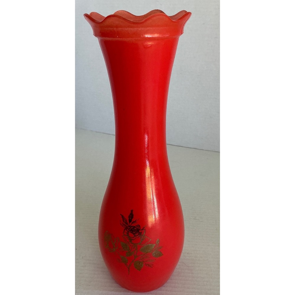 Vintage Red Milk Glass Bud Vase Gold Rose Scalloped‎ Rim 9 Inch MCM
